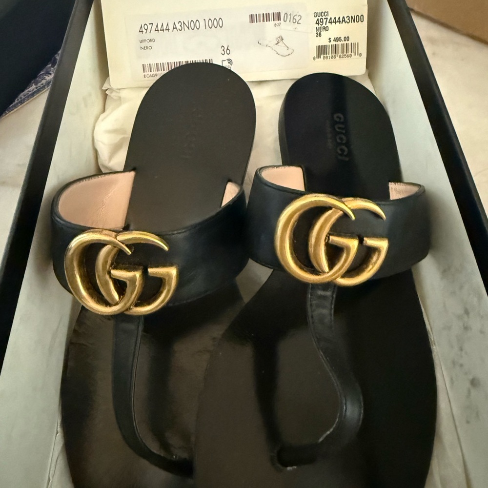Gucci Black Leather Sandals with Gold Accent - Picture 2 of 8